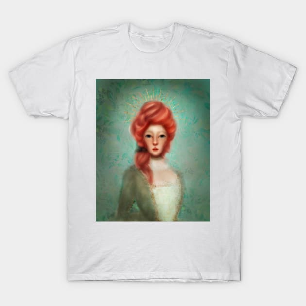 Marie Antoinette Portrait Gold Halo Pink Hair Arsenic Green walls T-Shirt by penandbea